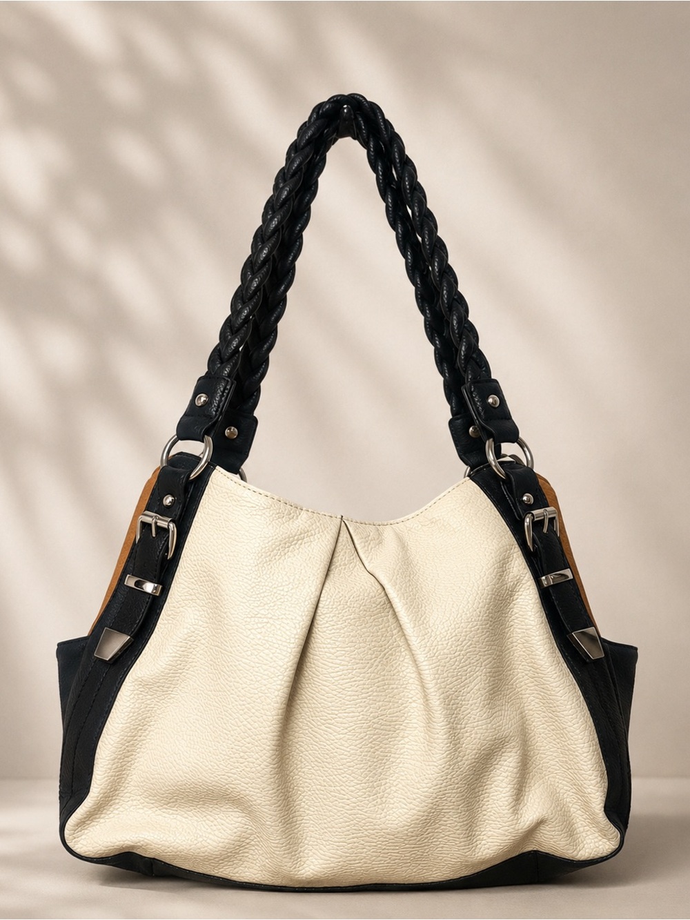 EUC Apt. 9 Ivory & Black Braided Handle Shoulder Tote Bag